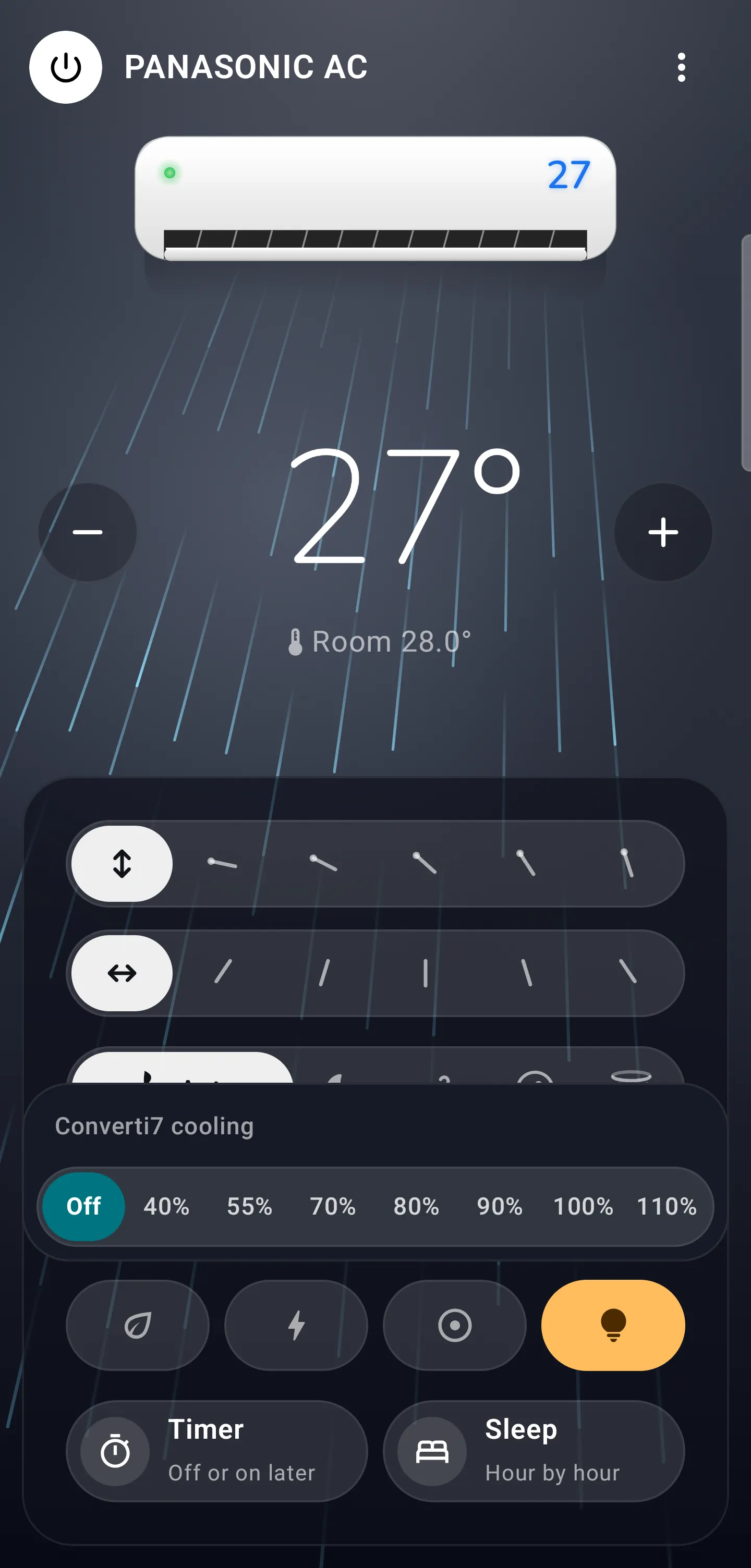 The Converti7 strip on Android: Off and every cooling level from 40% to 110% in one row above the button