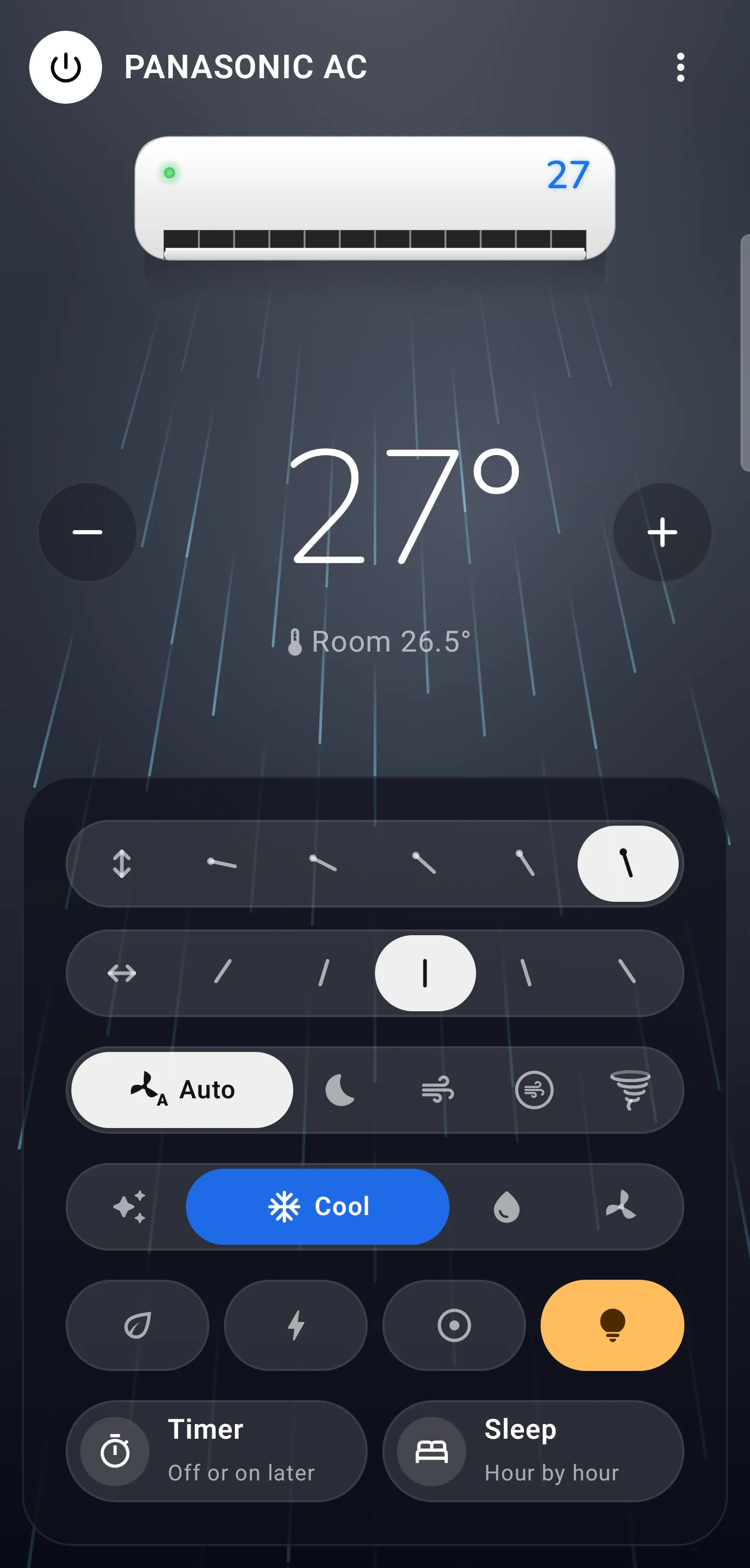 Mitra on Android in Cool mode at 27°, with every setting one tap away on the glass panel