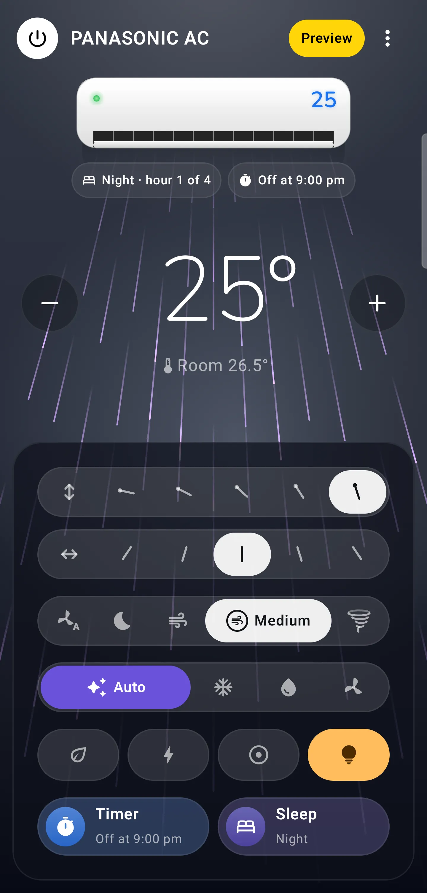 Preview Mode on Android in Auto, with a sleep profile and an off timer shown under the AC