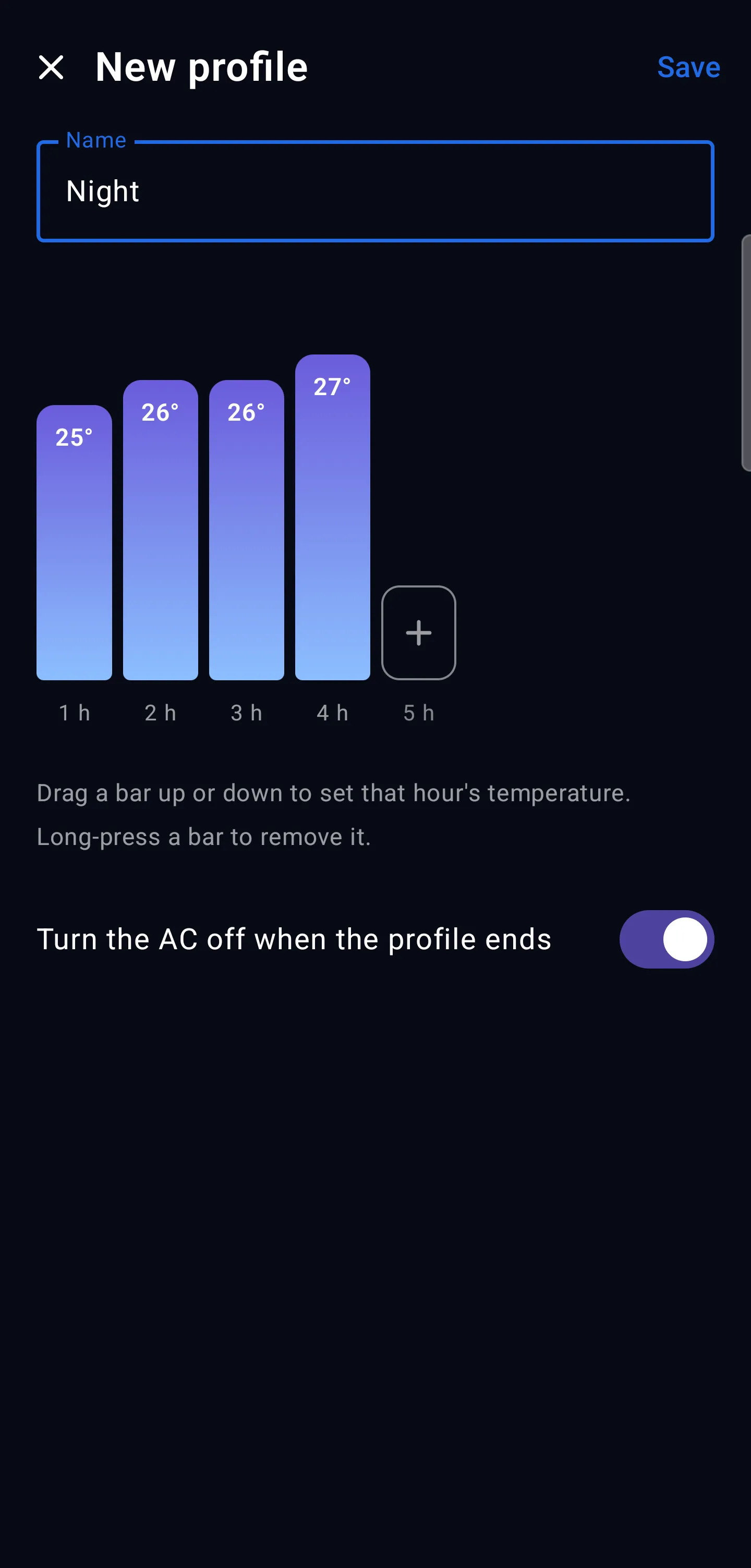 On Android: the profile editor, with a bar for each hour’s temperature