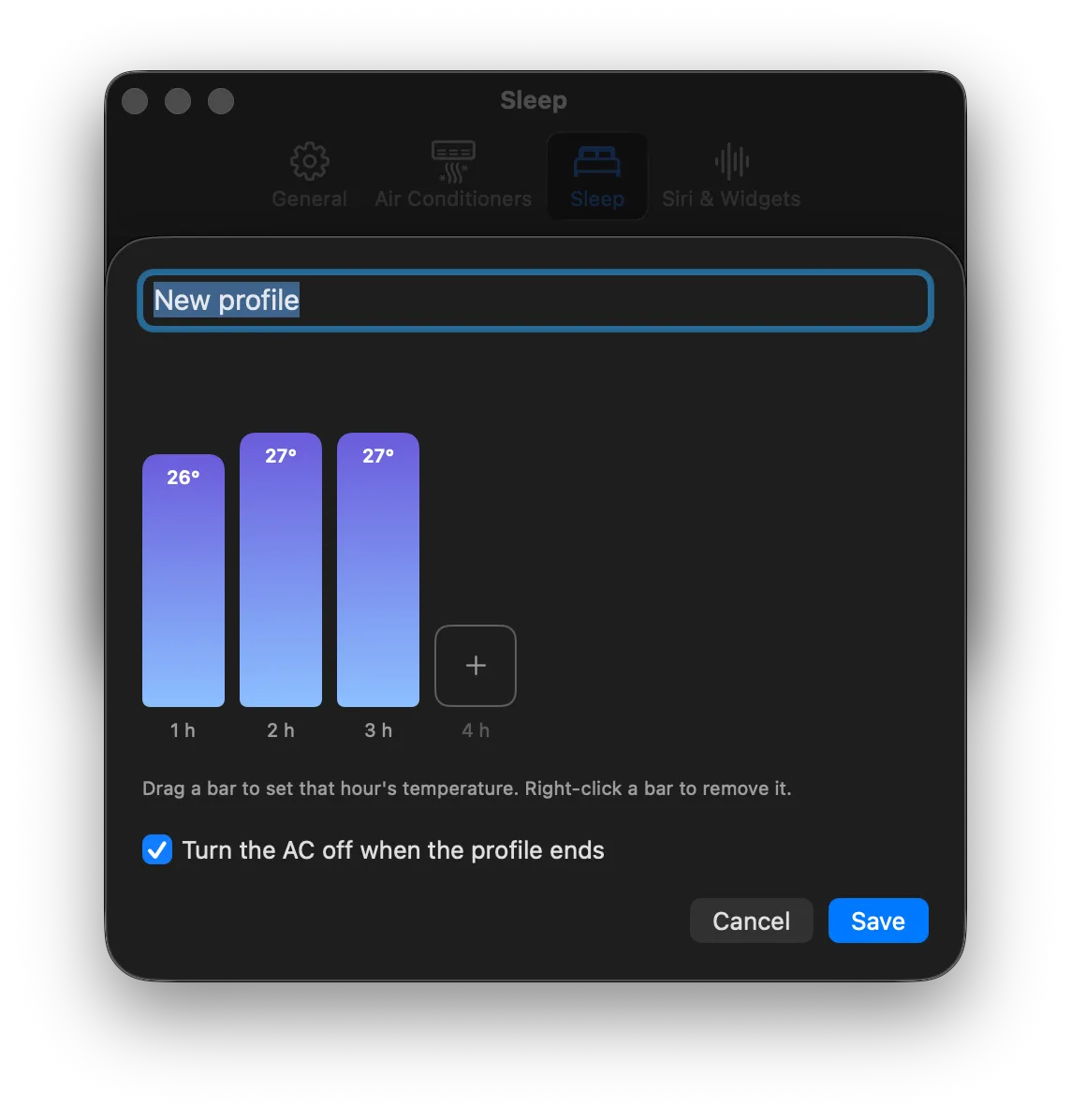 On the Mac: the profile editor, with a bar for each hour’s temperature