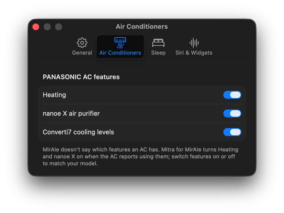 Mac Settings, Air Conditioners: switches for Heating, nanoe X air purifier and Converti7 cooling levels