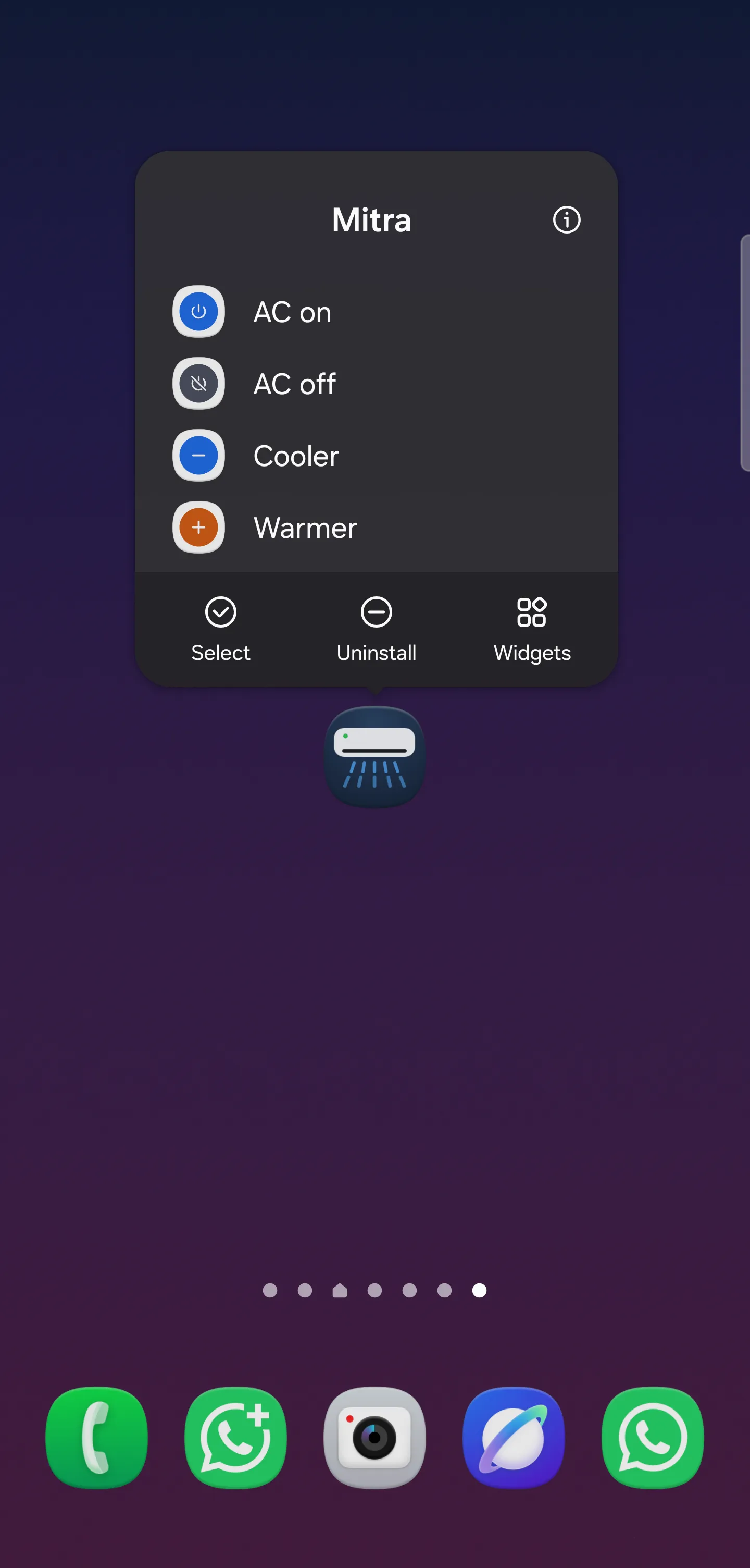 Long-pressing Mitra's icon: AC on, AC off, Cooler and Warmer