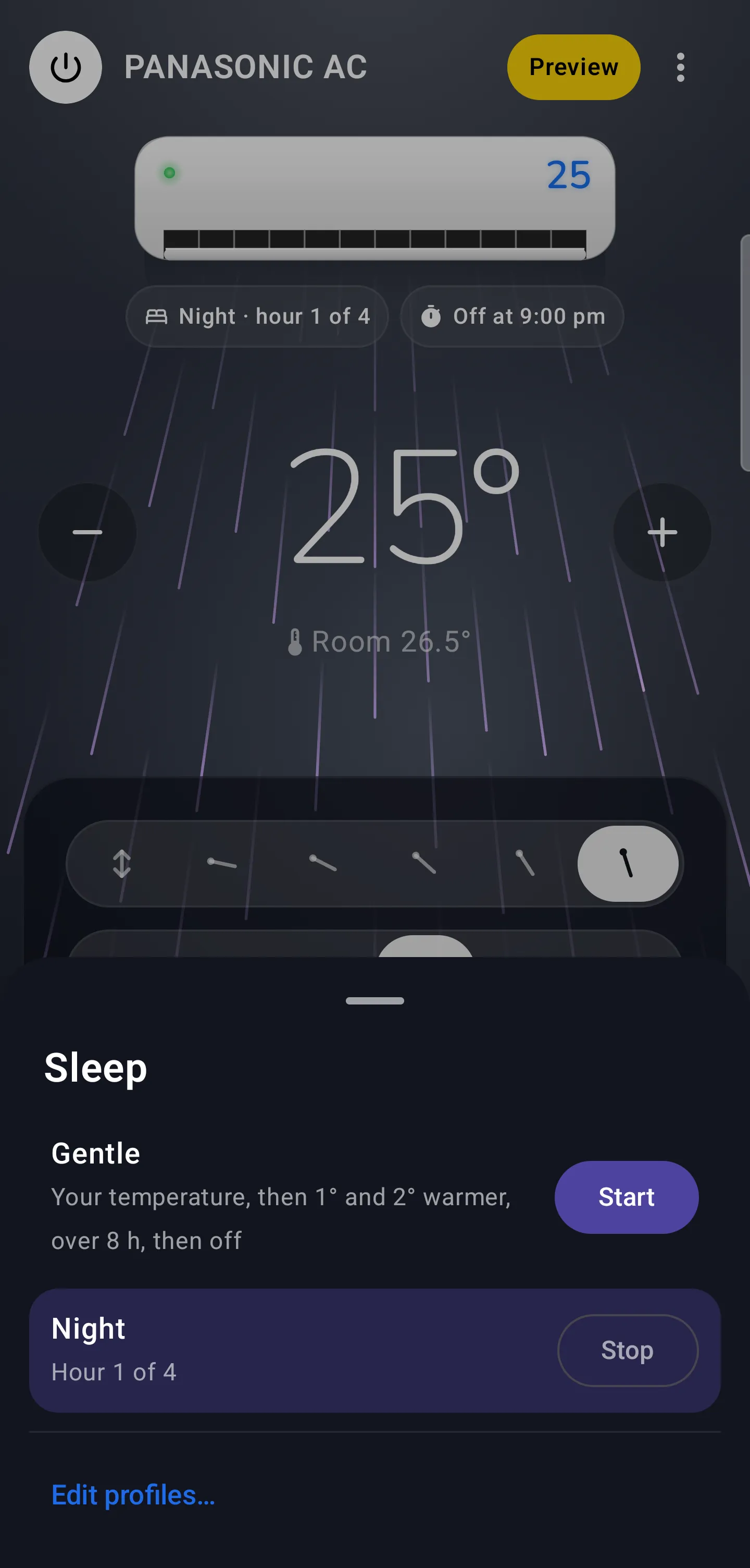 On Android: the Sleep controls, with Gentle and a profile of your own ready to start