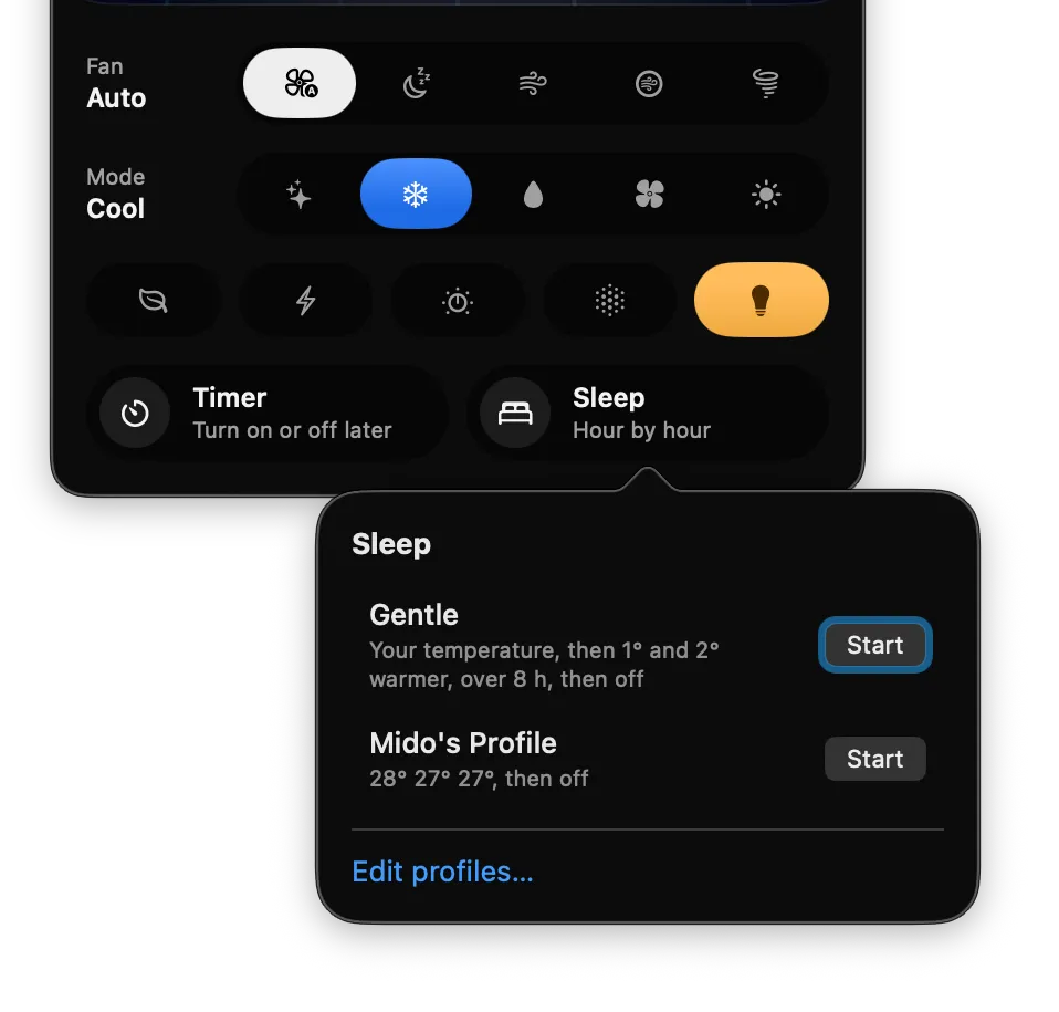 On the Mac: the Sleep controls, with Gentle and a profile of your own ready to start