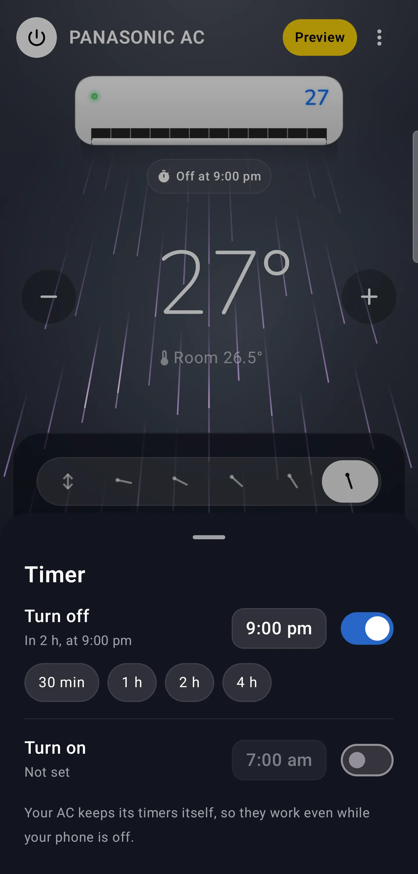 On Android: the Timer controls, with Turn off and Turn on times and quick picks from 30 minutes to 4 hours