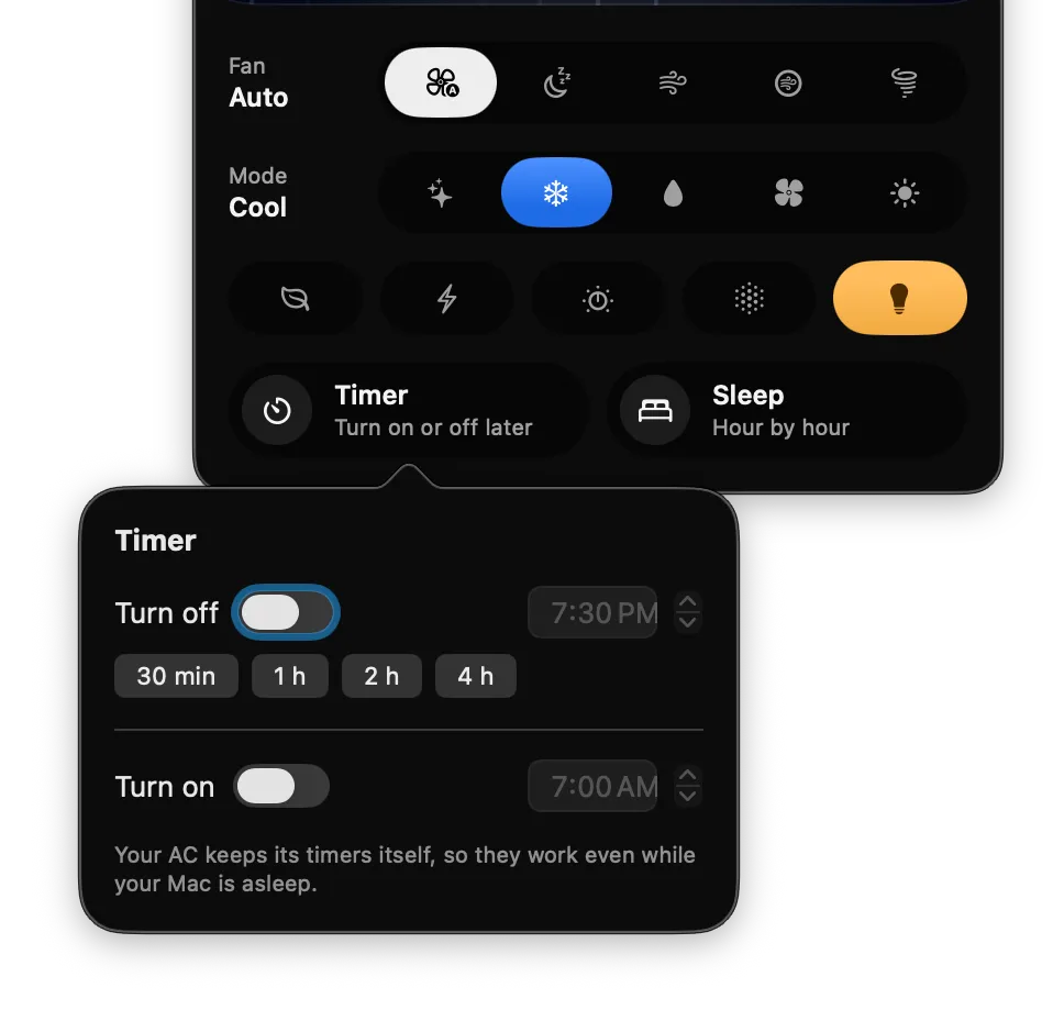 On the Mac: the Timer controls, with Turn off and Turn on times and quick picks from 30 minutes to 4 hours