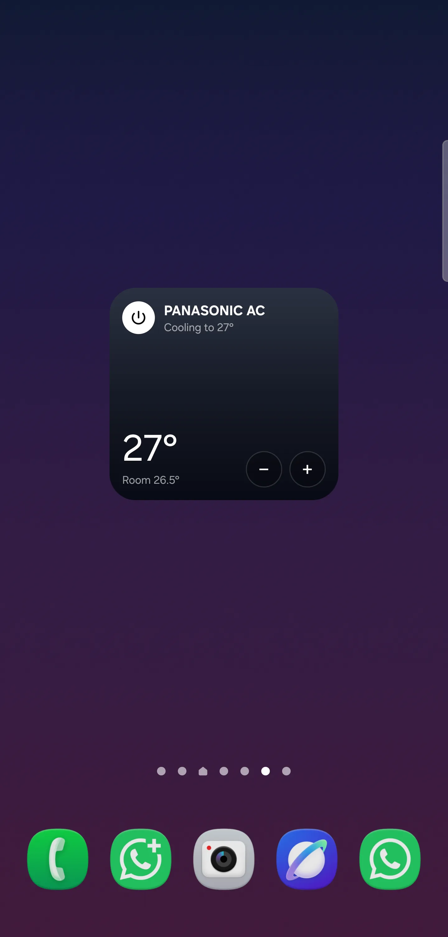 Mitra's home-screen widget: the AC's name and status, Cooling to 27°, a power button, the set and room temperature, and minus and plus